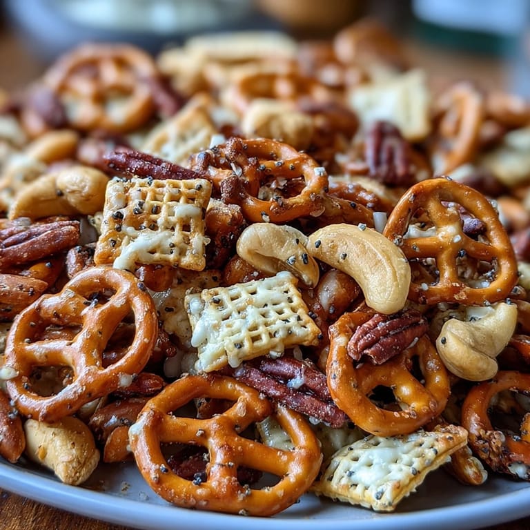 Savory Everything Ranch Cheese and Pretzel Snack Mix served in a bowl, topped with everything seasoning for snacking.