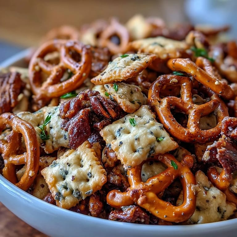 Glistening pretzels and cheesy crackers tossed in Everything Ranch Cheese and Pretzel Snack Mix, ready for a party.