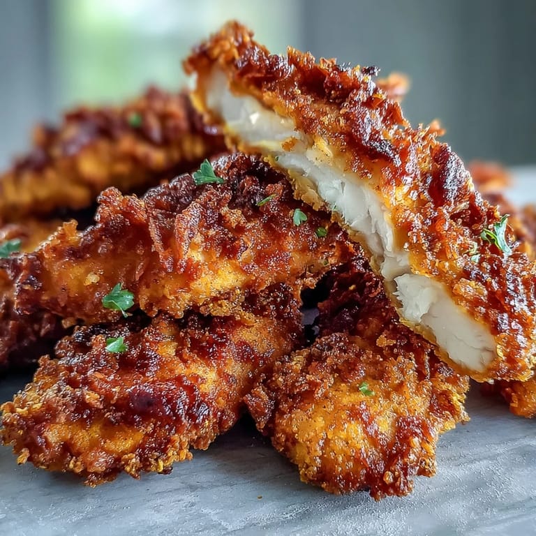 A close-up of crunchy Turmeric Chicken Tenders showing golden breading and steam rising from the freshly baked strips.