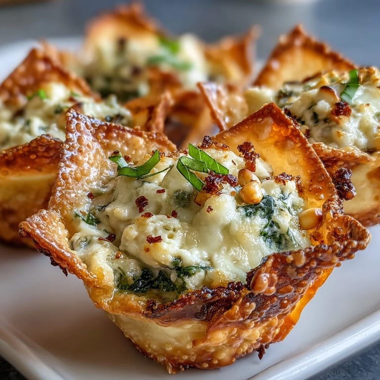 Delicate golden wonton wrappers cradle a savory blend of spinach, feta, and aromatic lemon zest in these crisps.