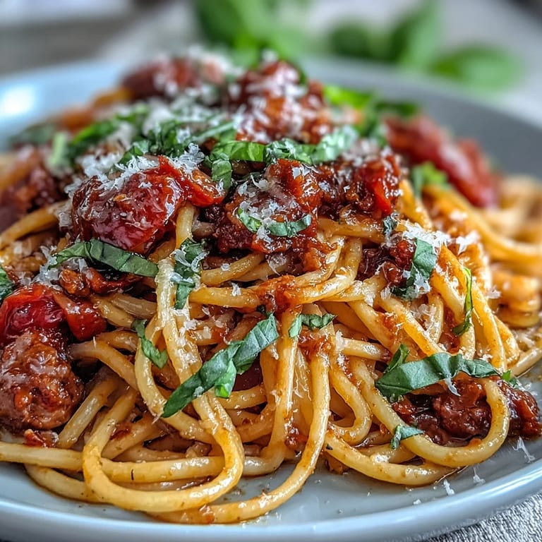 Freshly cooked Italian Drunken Noodles tossed with onions, garlic, and colorful cherry tomatoes, ready to be served for a hearty family dinner.