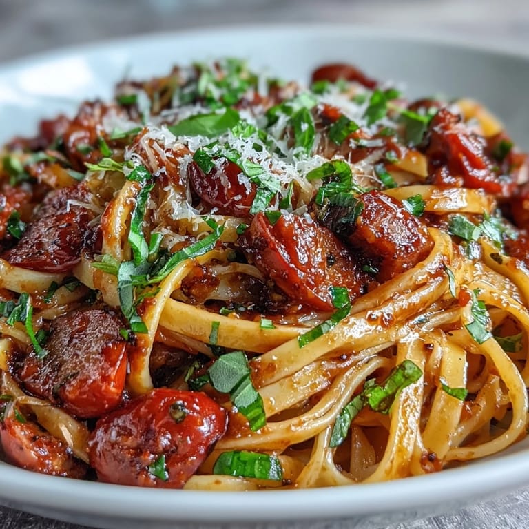 A close-up of Italian Drunken Noodles in a white bowl, garnished with fresh basil ribbons and a generous snow of grated Parmesan cheese.
