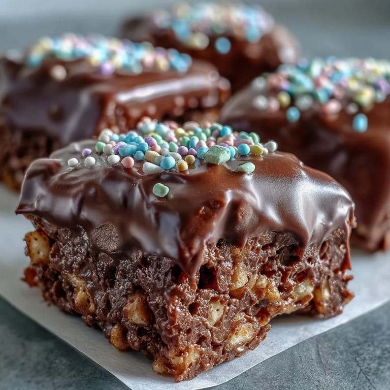 Stacked Chocolate Covered Rice Krispy Treats showcasing the crispy, marshmallow-packed interior and a smooth, rich chocolate shell, topped with a final flourish of rainbow sprinkles.