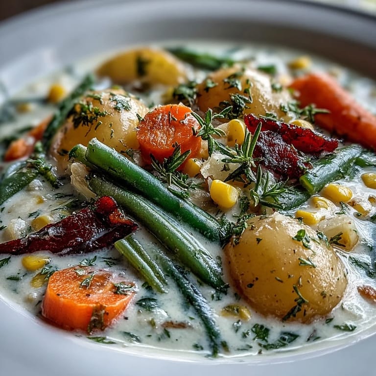 Creamy Amish Snow Day Soup served in a warm bowl, garnished with fresh parsley and a side of crusty bread for a comforting snowy day meal.