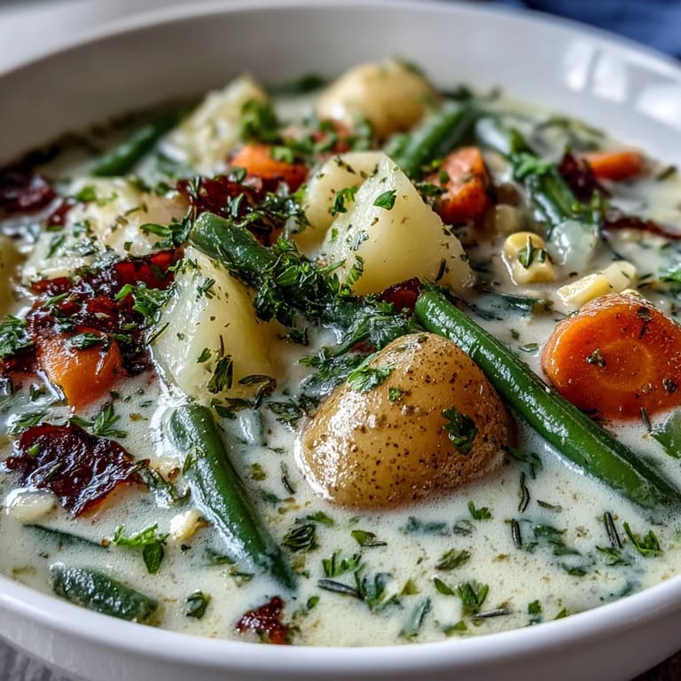 Rustic pot of Amish Snow Day Soup with thick cream and fragrant thyme, bubbling with hearty diced potatoes, corn, and bright bell peppers.