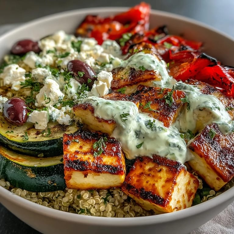Close-up of a Healthy Grilled Mediterranean Bowl showing juicy halloumi and charred vegetables nestled in nutty quinoa, drizzled with tzatziki and garnished with feta and olives.
