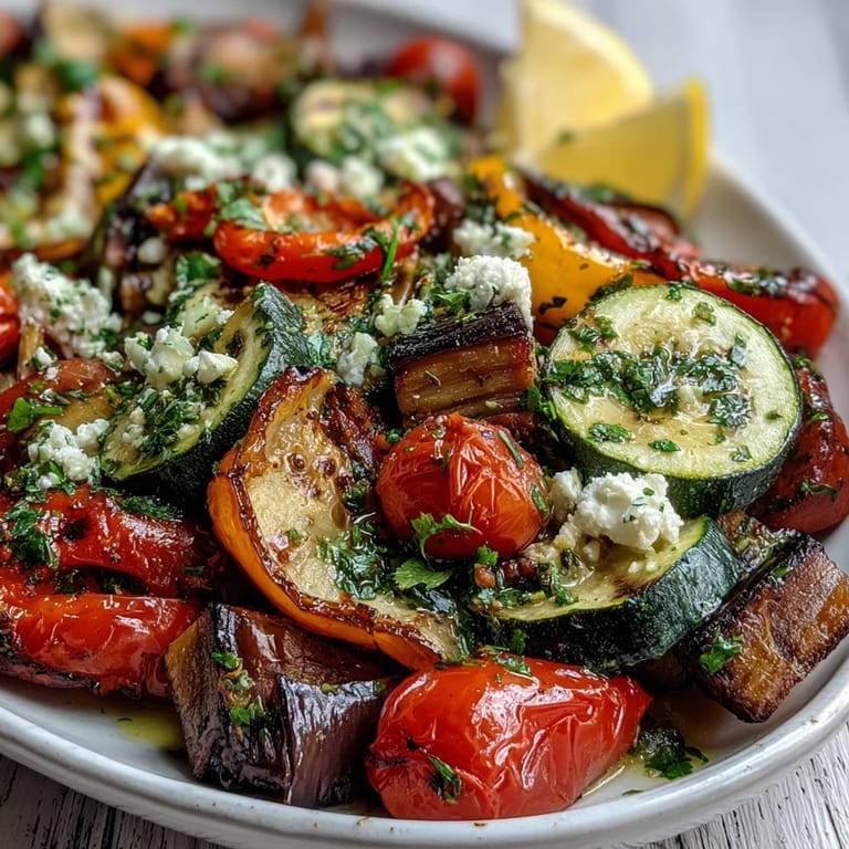 A close-up of caramelized Mediterranean Greek vegetables with cherry tomatoes, Kalamata olives, and a sprinkle of feta cheese.