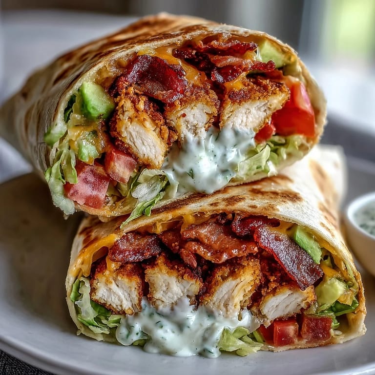 Handheld Crispy Chicken Bacon Wrap wrapped in foil beside sweet potato fries and a small bowl of tangy dipping sauce.