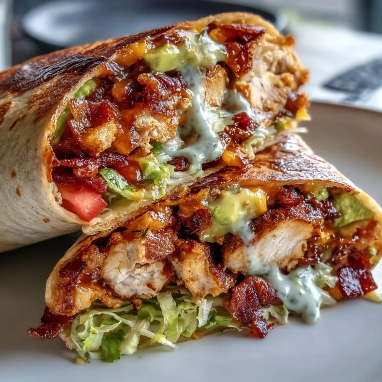 Freshly assembled Crispy Chicken Bacon Wrap on a wooden board, layered with melted cheddar, crisp bacon, and colorful veggies, ready for lunch. 