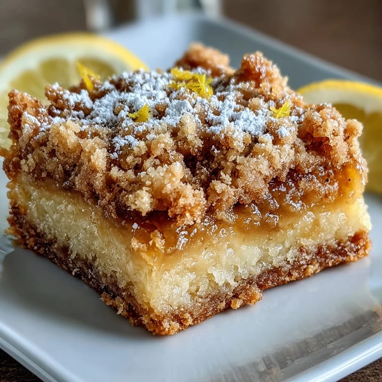 Freshly sliced Homemade Lemon Crumb Bars reveal tangy lemon filling and buttery crumb layers.