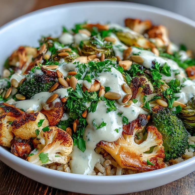 A nourishing vegan Roasted Brassica Bowl with crisp-tender veggies and creamy tahini-lemon dressing, ready to serve.