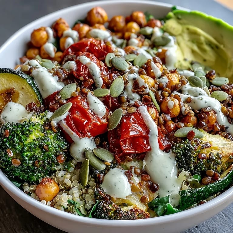 A nourishing vegetable and legume bowl with quinoa and bright tahini dressing, served warm for a healthy lunch.