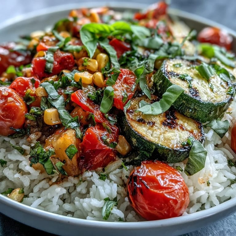 A vibrant Summer Vegetable Bowl topped with fresh torn basil leaves, served warm as a light and healthy vegetarian main dish for summer.