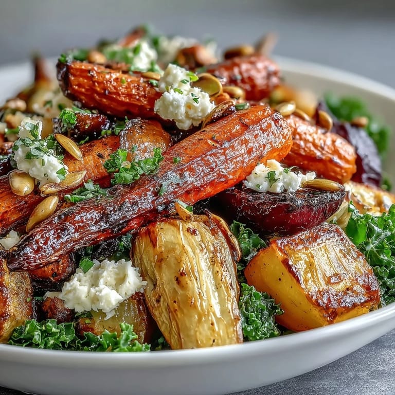 Freshly baked Winter Root Vegetable Bowl featuring sweet potato, carrots, and beets alongside massaged kale.