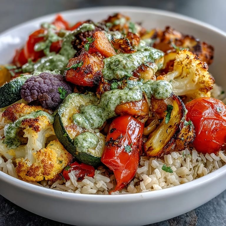Fork-ready Rainbow Roasted Vegetable Bowl with tender roasted vegetables, quinoa-like brown rice, and a fresh parsley-cilantro sauce, served in a ceramic dish.