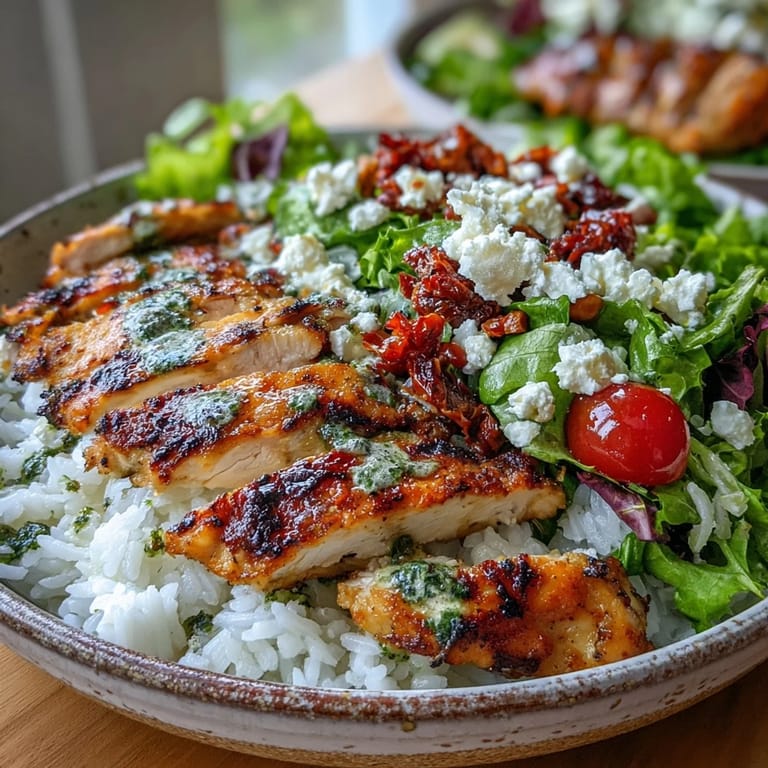 A close-up of a Sun-Dried Tomato Chicken Bowl showing juicy chicken, rice, salad, and pine nuts.