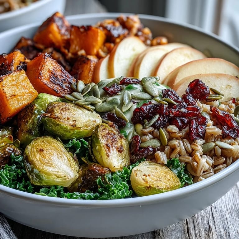 A close-up of a warm Fall Vegetable Bowl topped with cranberries, feta, and fresh kale.