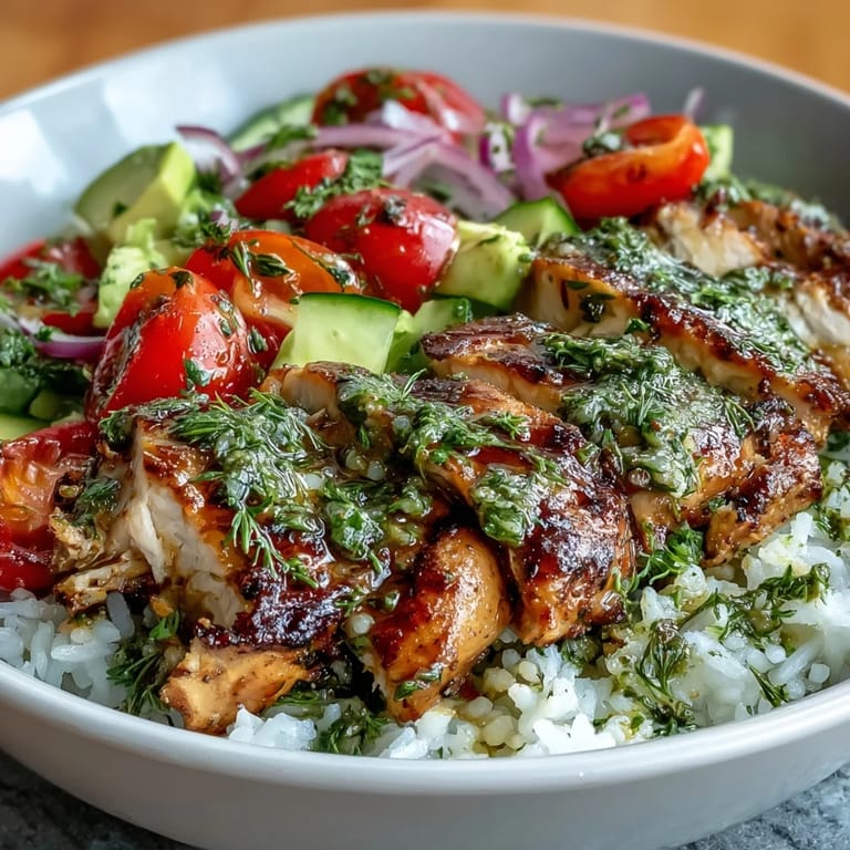 Vibrant chimichurri chicken bowl features juicy marinated chicken, fresh vegetables, and zesty green herb sauce drizzled on top.