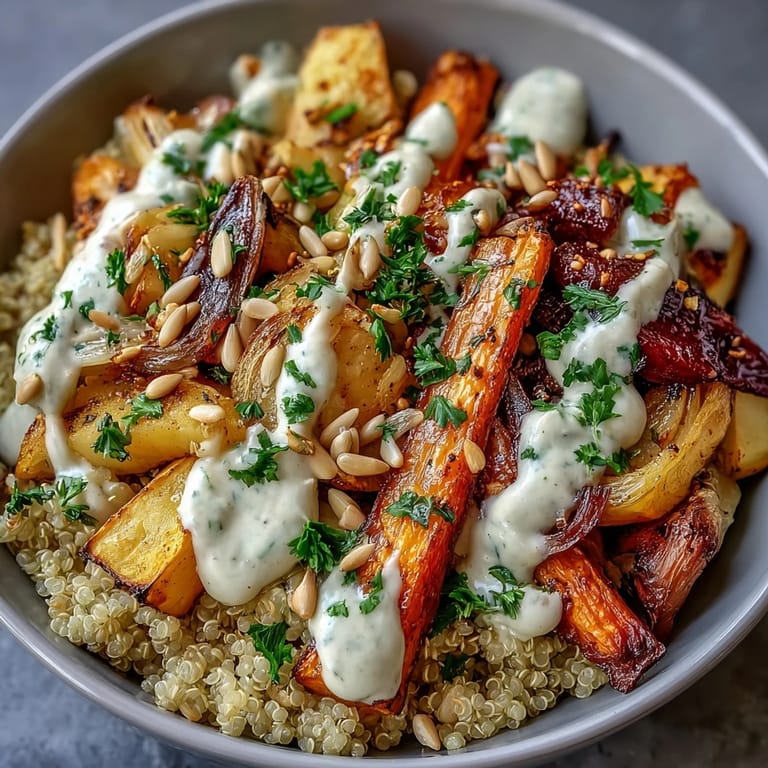 Wholesome Roasted Root Vegetable Bowl featuring a colorful mix of seasonal veggies, fluffy quinoa, and a zesty lemon-tahini drizzle for a nourishing meal.  
