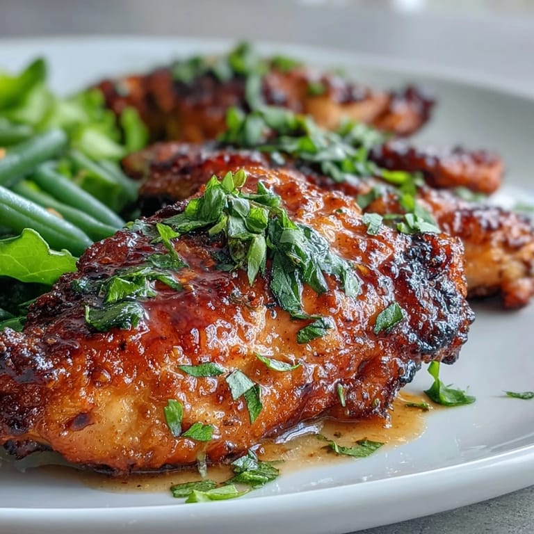 Juicy chicken breasts glazed in tangy honey mustard sauce, paired with bright green beans for a fresh and easy dinner.