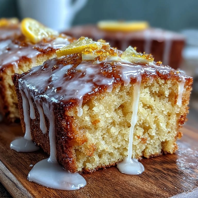 Bright and zesty lemon drizzle loaf cake topped with glossy citrus glaze, offering a burst of fresh flavor in every slice.