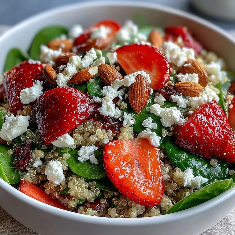 Fresh and satisfying strawberry feta quinoa salad with juicy berries, crunchy almonds, and a zesty balsamic glaze for perfect balance.