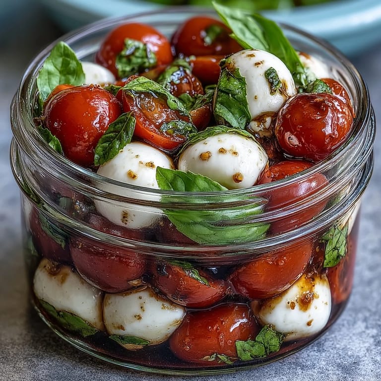 Fresh and portable Mason Jar Caprese Salad featuring vibrant tomatoes, creamy mozzarella, and fragrant basil in a handy jar.