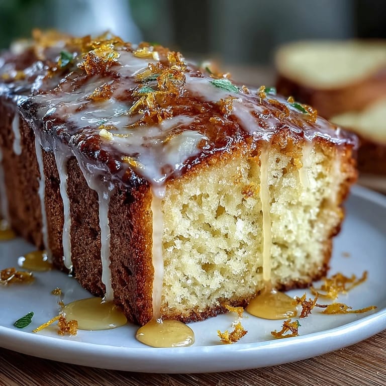 Soft, tender cake infused with floral dandelion honey and fresh lemon zest, finished with a glossy citrus glaze for a sunny treat.