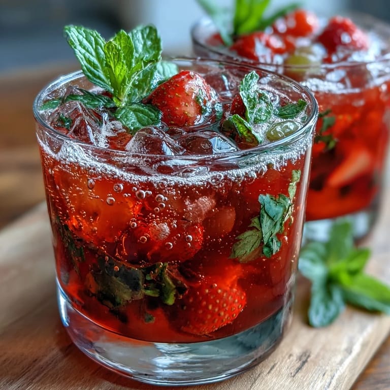 Chilled white grape and citrus sangria mocktail with fresh strawberries and sparkling water — a light, fruity non-alcoholic beverage.