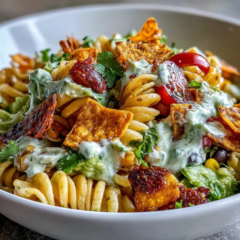 Delicious Taco Pasta Salad with Doritos and Avocado Ranch, packed with bold Tex-Mex ingredients and satisfying crunch.