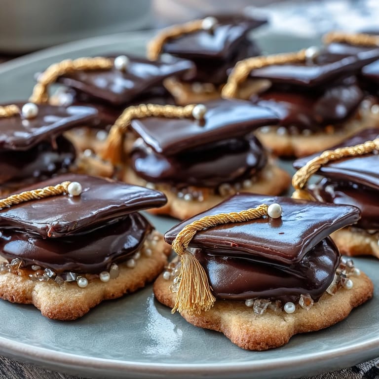 Butter cookies shaped like graduation caps, topped with smooth royal icing and candy tassels for celebration.  