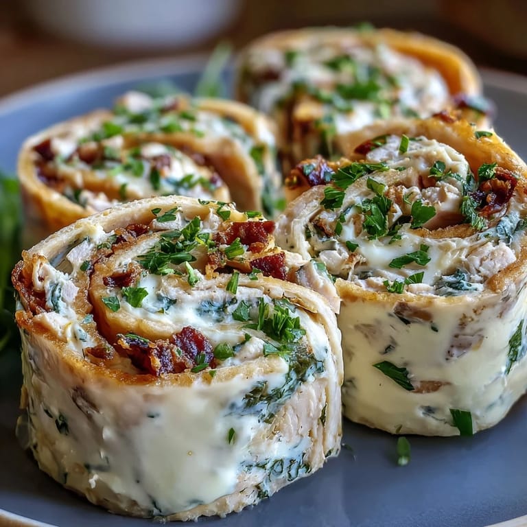 Close-up of Turkey, Cheese & Spinach Tortilla Pinwheels showing vibrant spinach leaves and melted cheese peeking through the tortilla layers.