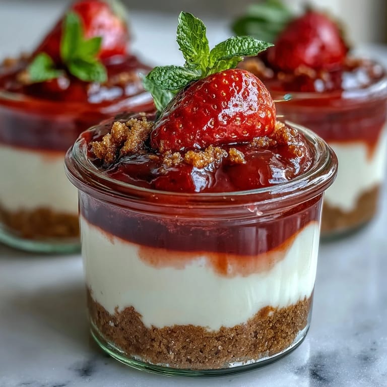 Individually portioned No-Bake Strawberry Cheesecake Jars featuring a buttery graham cracker base, smooth cheesecake filling, and vibrant strawberry topping.