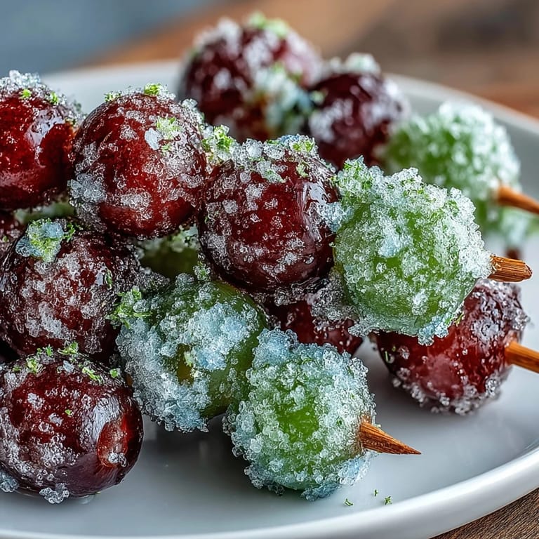 Vibrant frozen grapes on skewers, rolled in tangy lime sugar for a burst of sweet-tart flavor.  