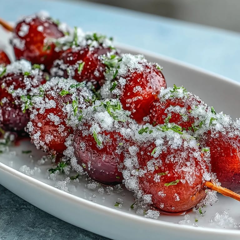Colorful frozen grape skewers with a sparkling lime sugar coating, ideal for easy entertaining or a healthy treat.
