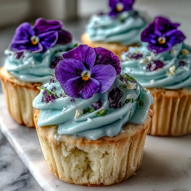 Spring cupcakes decorated with colorful edible flowers and smooth vanilla frosting on a white plate.