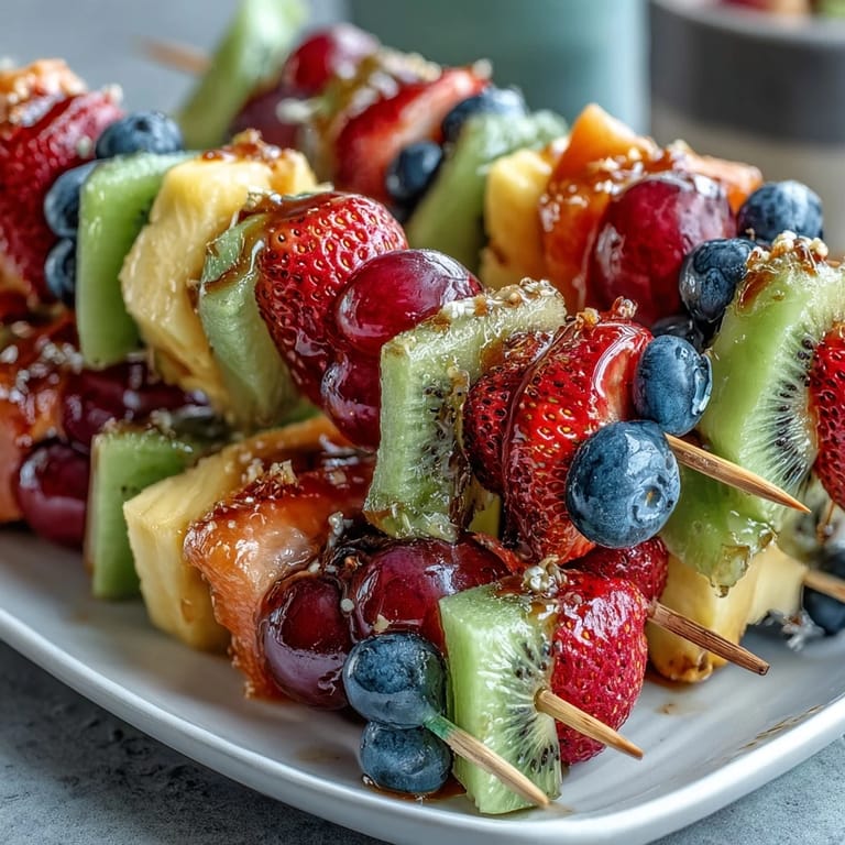 Fresh and juicy rainbow fruit skewers paired with a luscious honey dip, ideal for a quick and nutritious dessert.