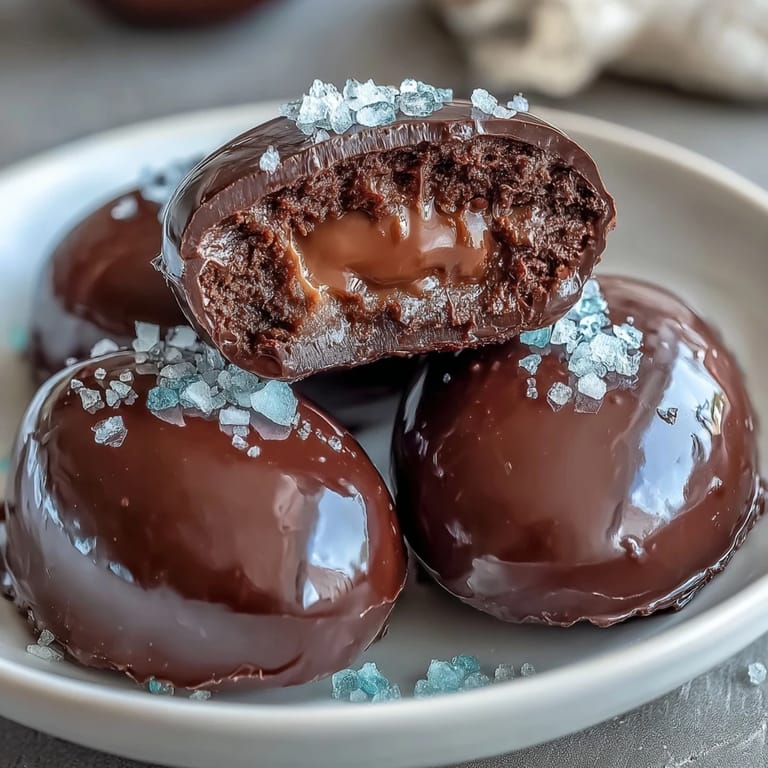 Homemade peanut butter eggs dipped in rich dark chocolate and lightly dusted with sea salt, offering a perfect blend of indulgence and crunch.