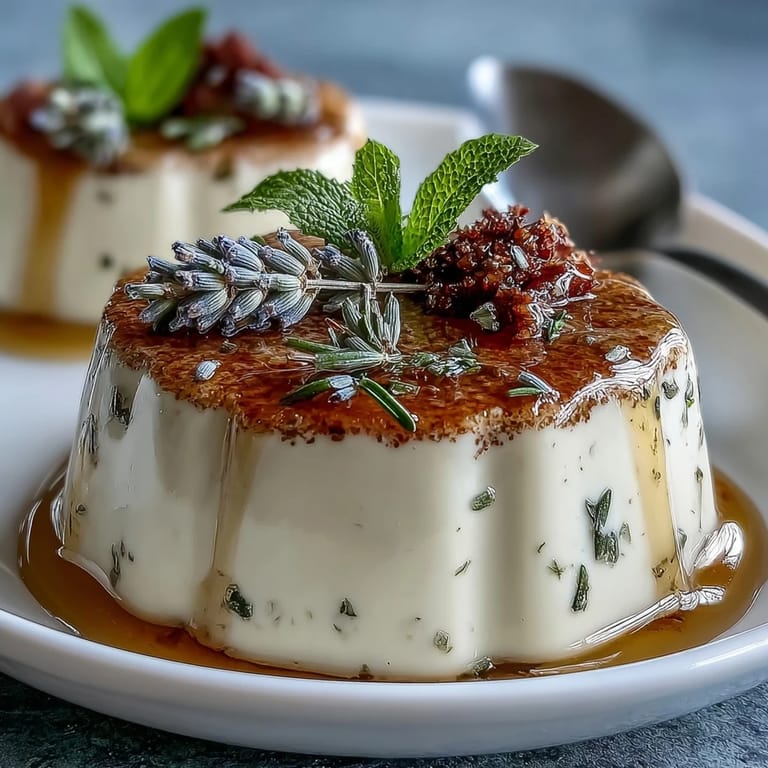 Elegant Italian panna cotta infused with fragrant lavender and sweetened with honey, chilled to perfection and garnished with edible flowers.