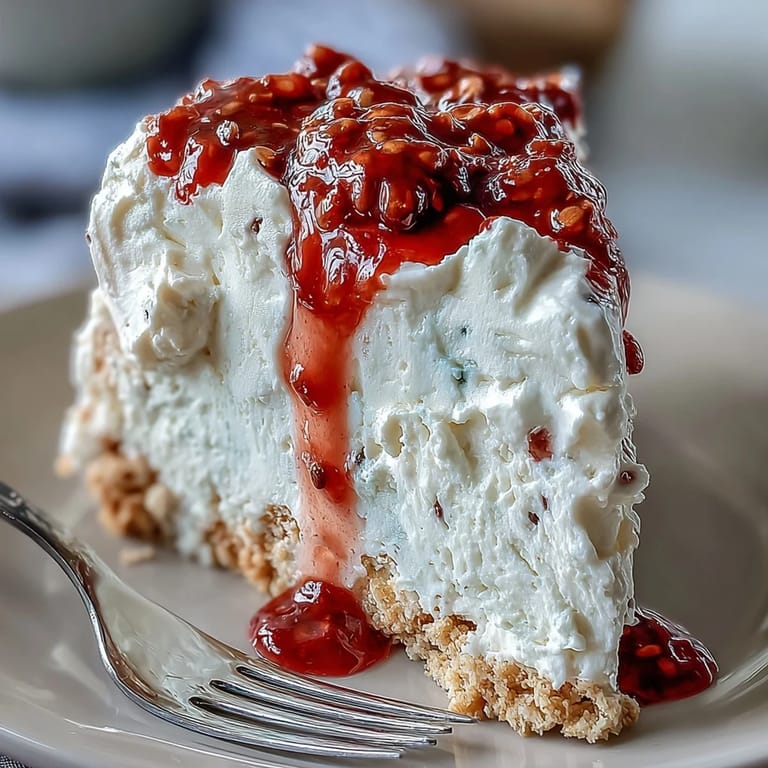 Creamy cheesecake with buttery biscuit crust and vibrant raspberry coulis, ideal for spring gatherings.