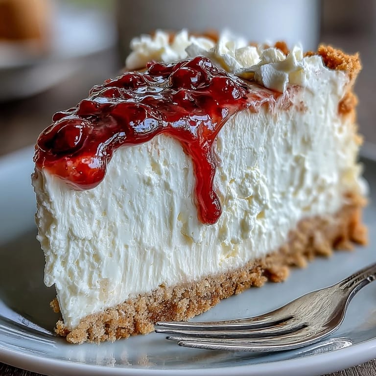 Elegant no-bake cheesecake topped with homemade raspberry coulis, a refreshing Mother's Day treat.
