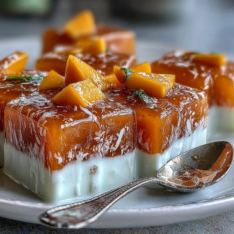 Silky layers of fragrant mango jelly and rich coconut milk create a stunning, tropical vegan treat in every bite.