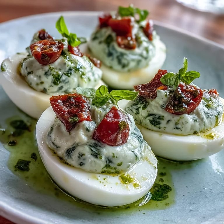 Creamy Caprese Deviled Eggs drizzled with vibrant basil oil, garnished with diced tomatoes and mozzarella for an Italian-inspired bite.