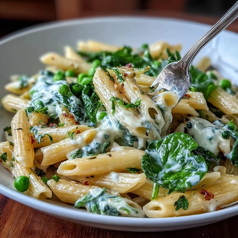 Vibrant one-pot pasta dish featuring zesty lemon, creamy ricotta, sweet peas, and wilted spinach, all tossed in a rich, velvety sauce.