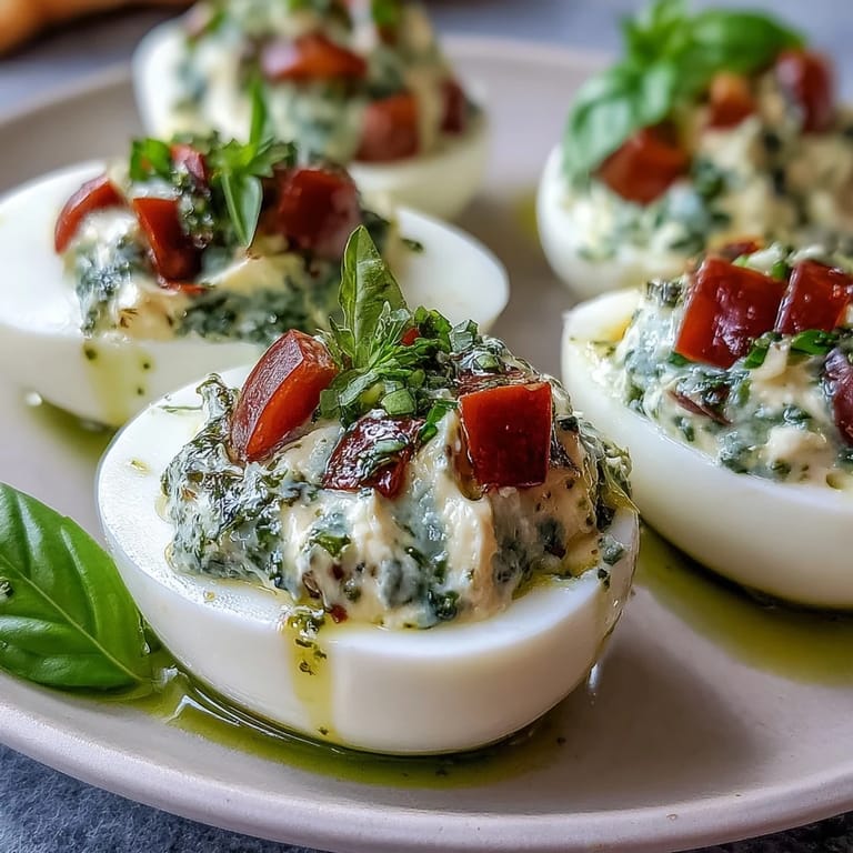 Italian Caprese Deviled Eggs featuring basil oil, fresh mozzarella, and cherry tomatoes, arranged for a vibrant, gourmet presentation.