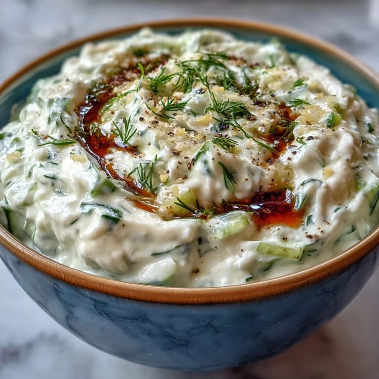 Tangy Greek Skyr Tzatziki dip, a refreshing mix of cucumber and herbs.
