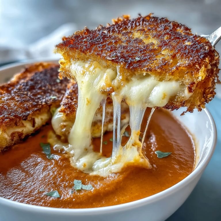 Cheesy bread strips rest near a steaming serving of homemade tomato soup.