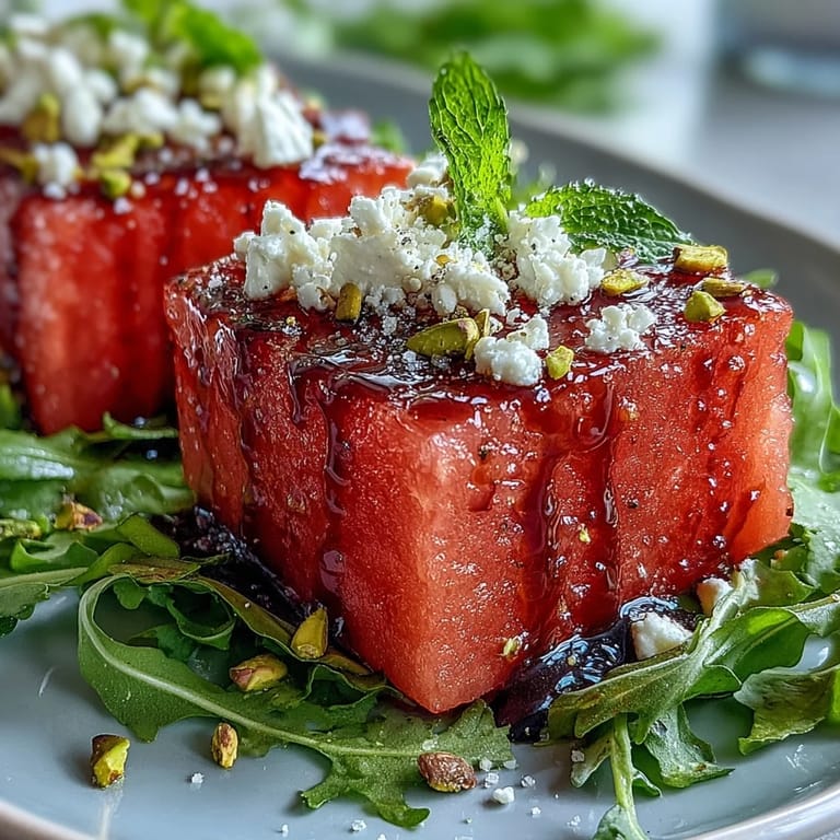 Vibrant watermelon feta arugula salad, a quick, easy, and refreshing side dish.