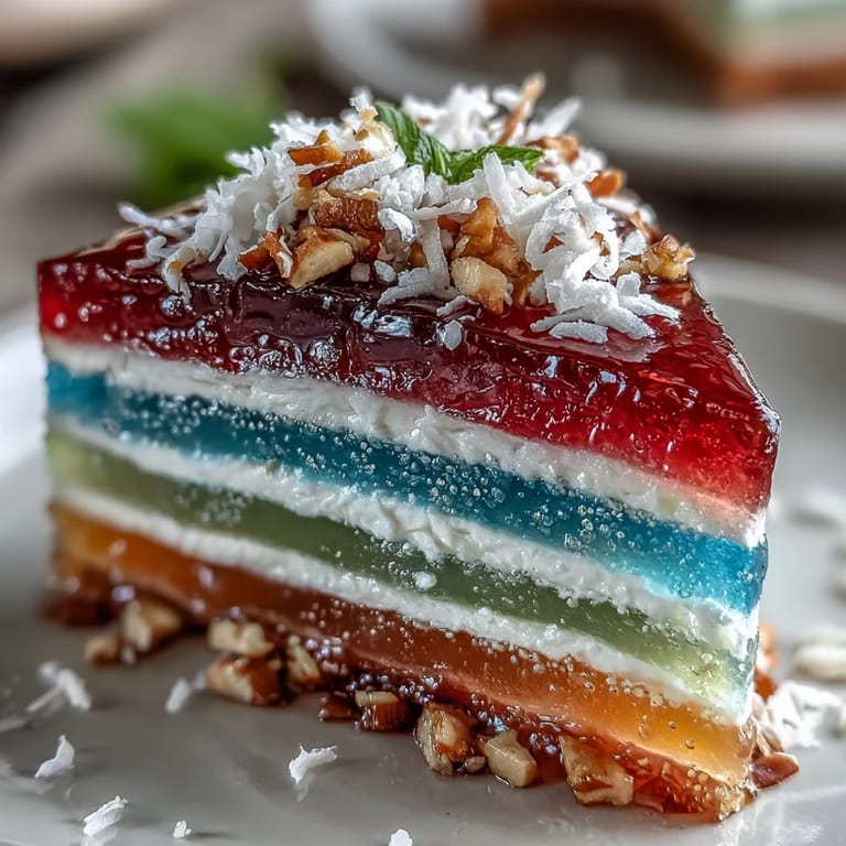 Jewel-toned agar-agar rainbow jelly cake, perfect for a festive vegan dessert.