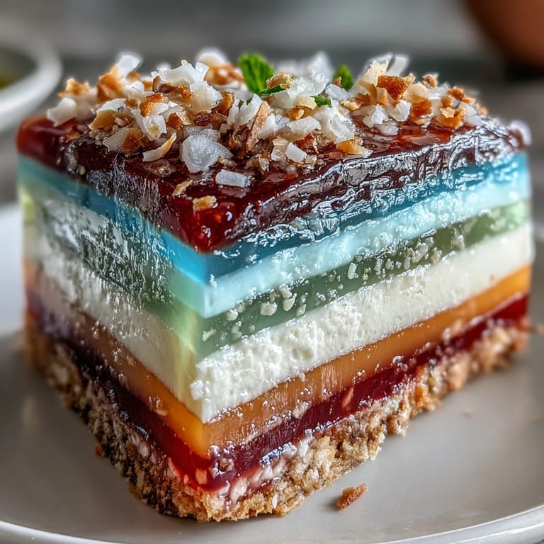 A visually stunning agar-agar rainbow jelly cake with distinct, chilled fruity layers.
